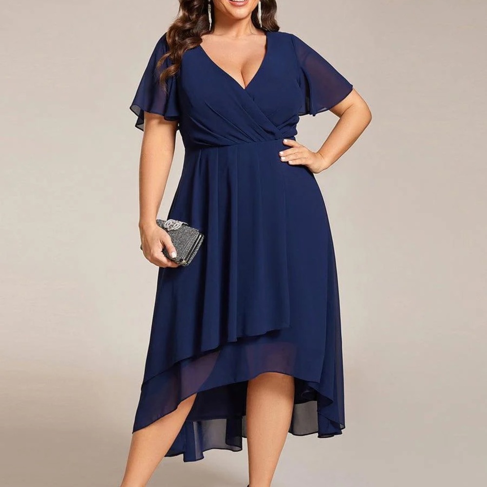 Ever Pretty Navy Blue High Low Flutter Sleeve Dress